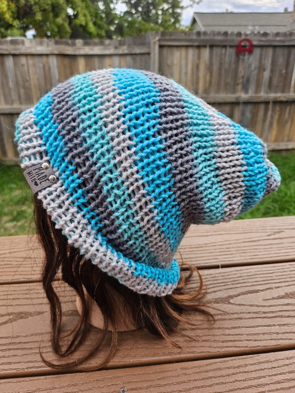 Handmade Handknit Slouchy Beanie Teal Gray Striped Winter Hat Unisex Cap